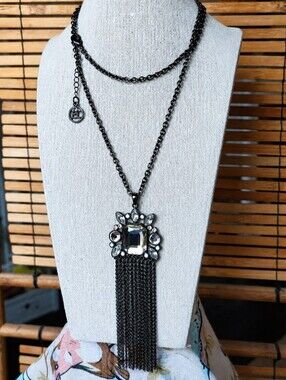 Erica Lyons Emerald Cut Citrine Gunmetal Chain Clear Rhinestone Tassel Necklace